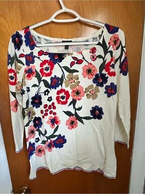 Talbots Cream Long-Sleeve Scoop Neck Top with Pink, Blue & Brown Floral Print
